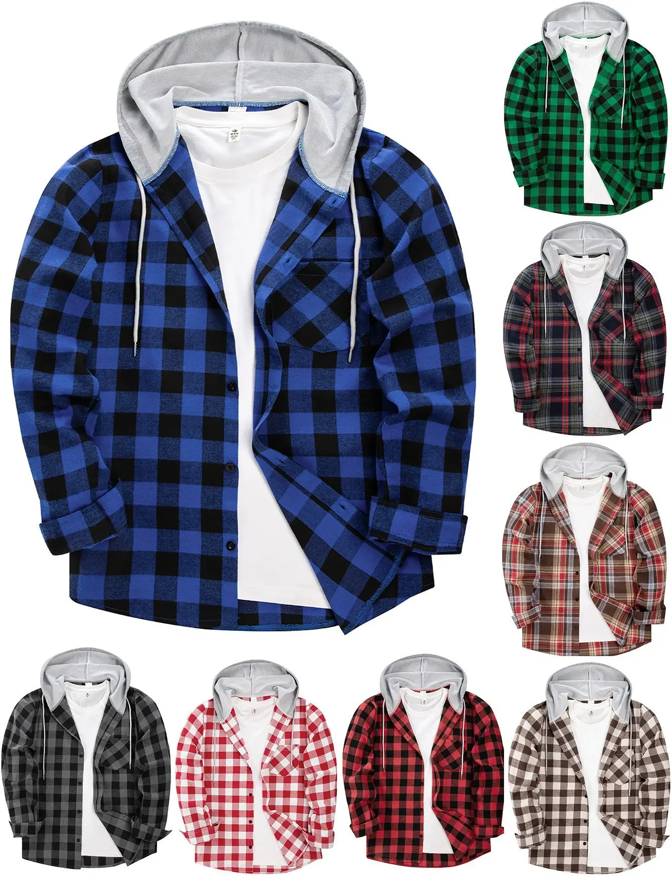 

2024 new Men Plaid Long Sleeve Hooded Shirts Button Work Drawstring Casual Tops Cardigan Button Down Work Coat Tops Hoodie