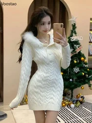 Autumn Winter Elegant Women Sweater Pullover Sexy Slim Fur Patchwork Hooded Knitted Dress Female Korean Knitwear Hoodies Tops