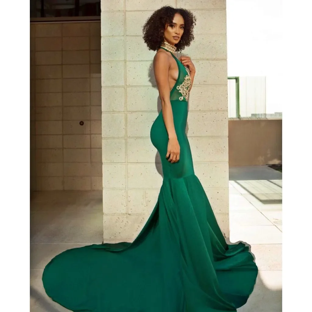 Cheap Simple Purple Royal Blue 2019 Mermaid Prom Dresses Long Deep V Neck Gold Applique Sexy Formal Dresses Evening Wear