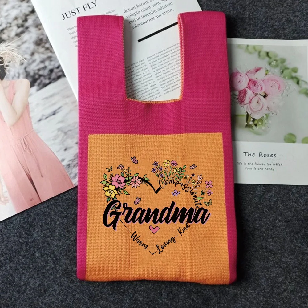 Knit Handbag Wrist Tote Bags Woven Knot Storage Bag Large Capacity Handbags Pouch Portable Purse Grandma Letter Print Series