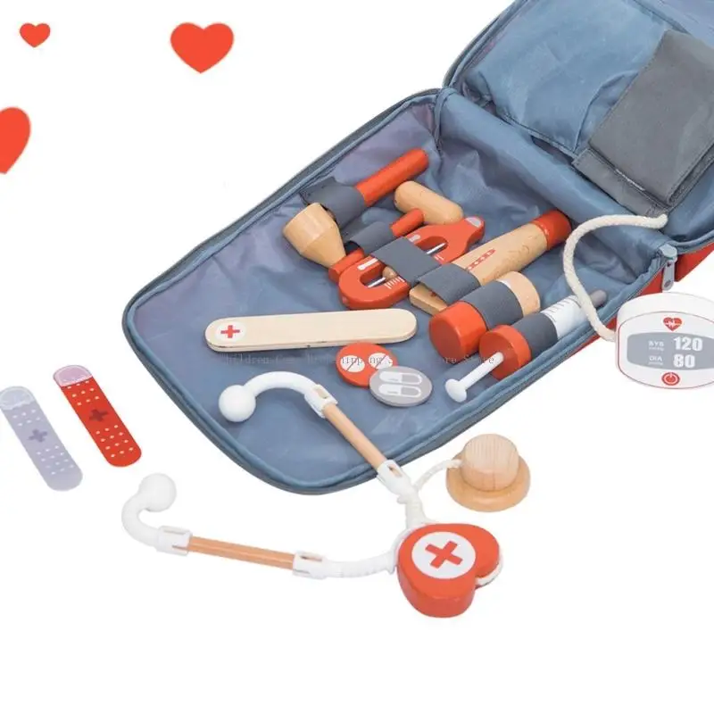 Kinderen houten dokter doen alsof speelset met klinische apparatuur en opslagtas