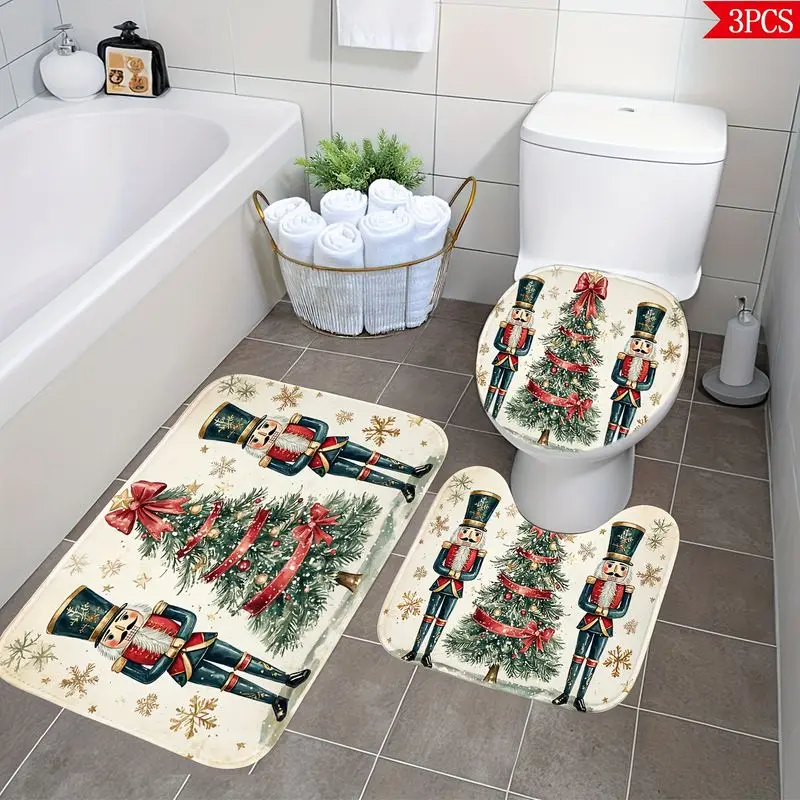 VIKAMA Christmas Nutcracker Bathroom Set 3 Piece Tree Snowflake Toilet Lid Cover Non Slip Bath Rug U Shape Mat Festive Holiday