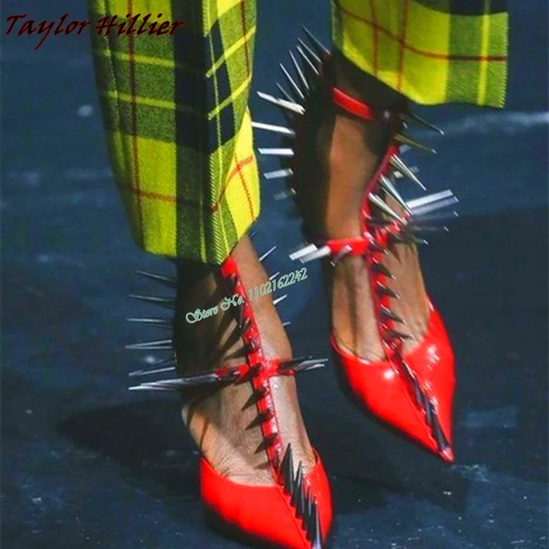 Autumn Sexy Black Rivet Pumps Stiletto Heel Pointed Buckle Strap Shallow Mouth Runway Shoes Fashion Catwalk Party High Heels