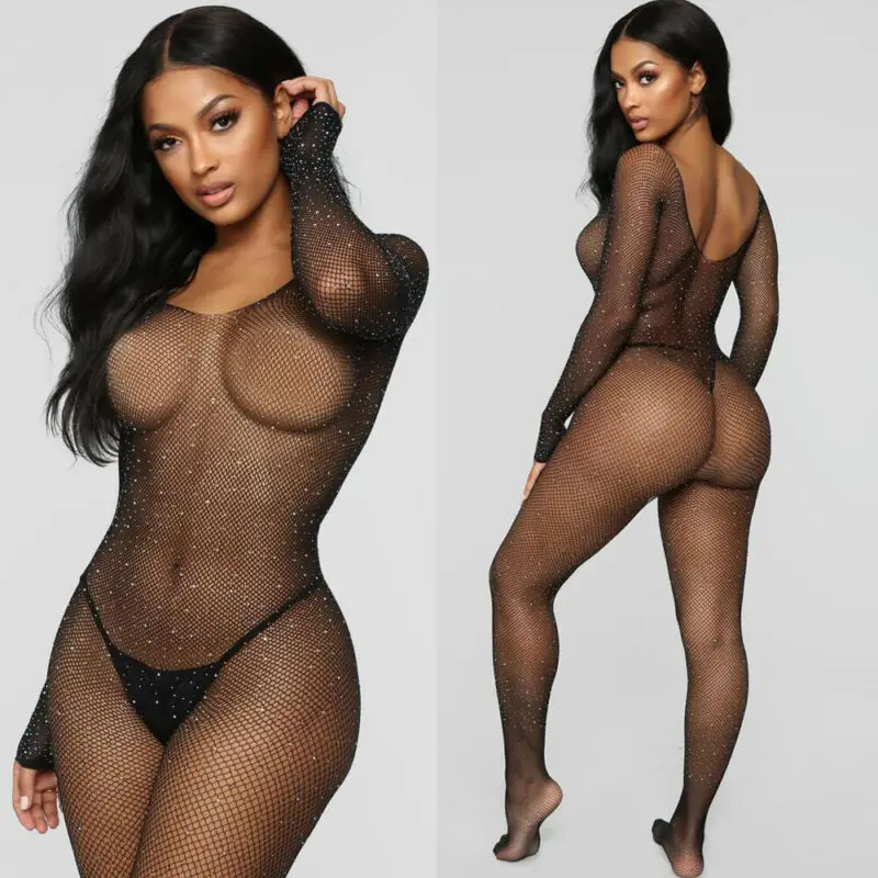 Transparent Rhinestone Mesh Fishnet Bodystocking for Women Sexy Bodysuit Lingerie Sequined Erotic Open Crotch Pantyhose