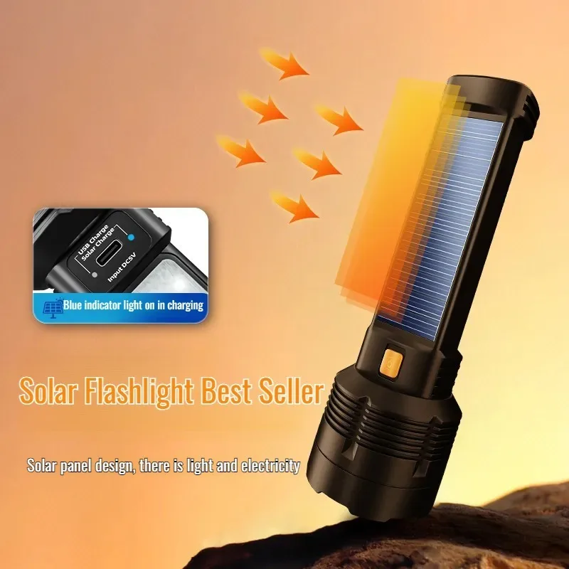 Portable Flashlight Outdoor Super Bright  Twocolor Side Light High Light Solar Flashlight TypeC Rechargeable Portable Small