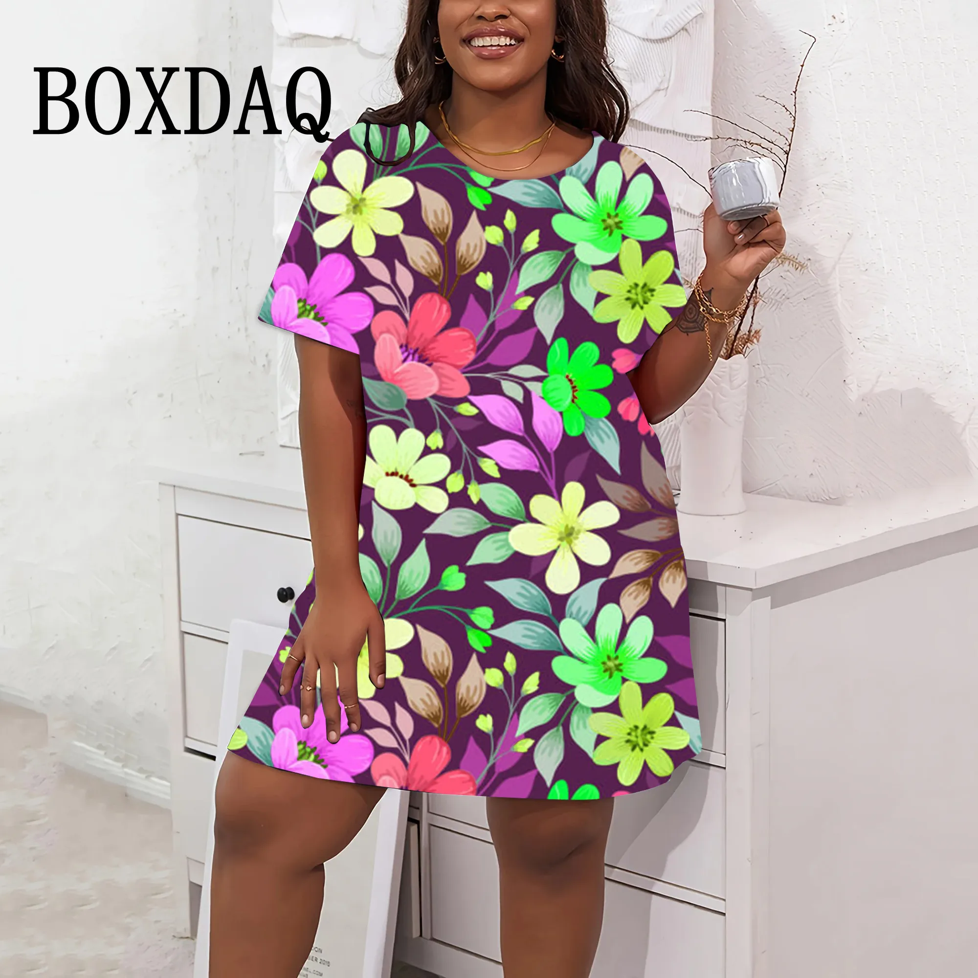 Fashion 3D Floral Print Dresses For Women Vintage Summer Big Sizes Short Sleeve Dress Casual O-Neck Loose Plus Size Clothing 9XL