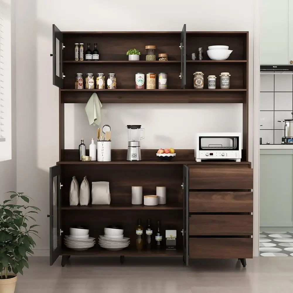 

Rustic Brown Large Kitchen Hutch with Glass Doors, Drawers, and Microwave Shelf (63W x 15.7D x 74.8H)