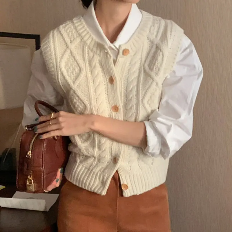 

Chic Striped Bubble Sve irt And Knitted Vest Two-Piece Set Faionable Versatile Collared Loose Fit Long Sve Autumn Wear