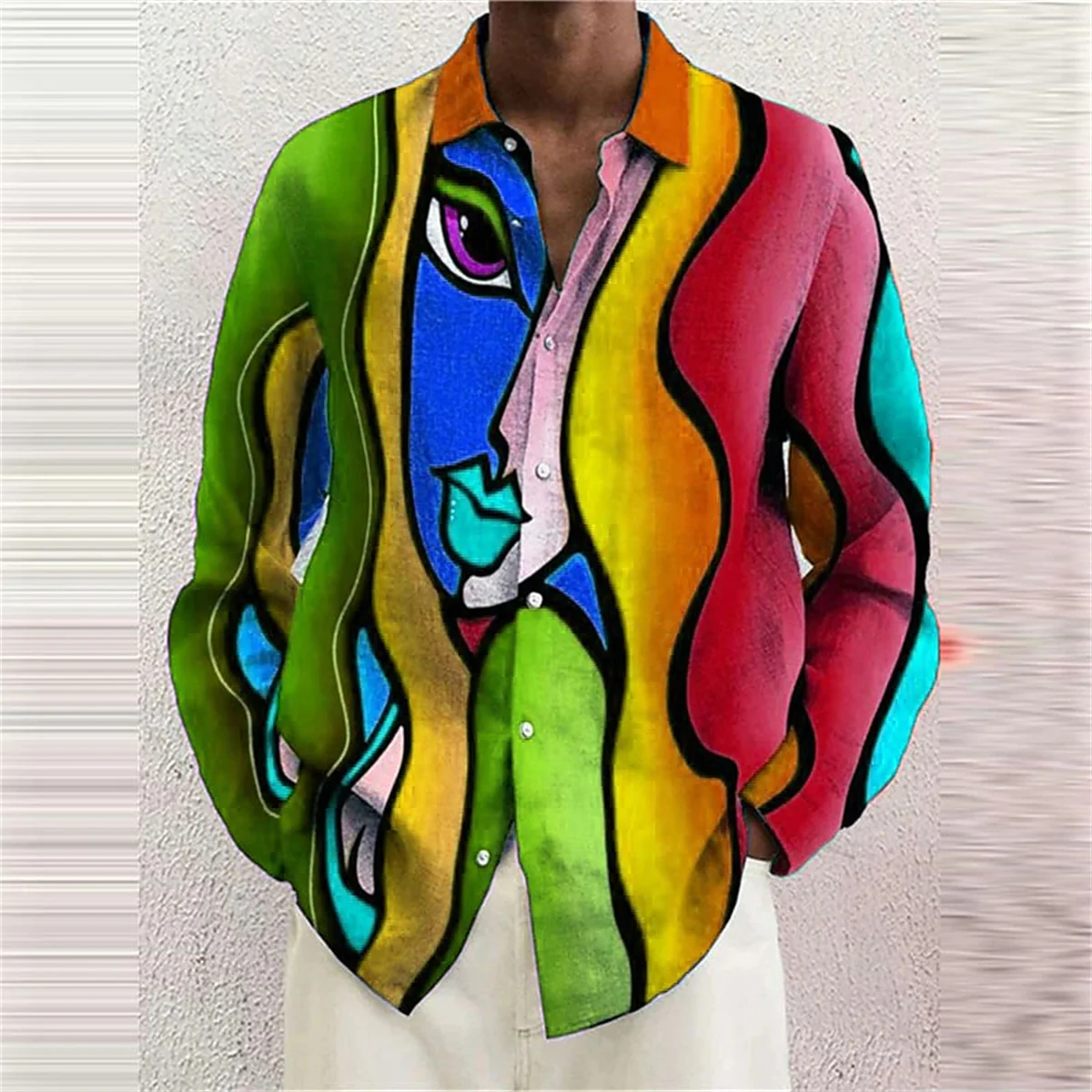 Ladies portrait pattern men\'s shirt abstract lapel 3D printing street long sleeved button clothing painting colored shirt S-6XL