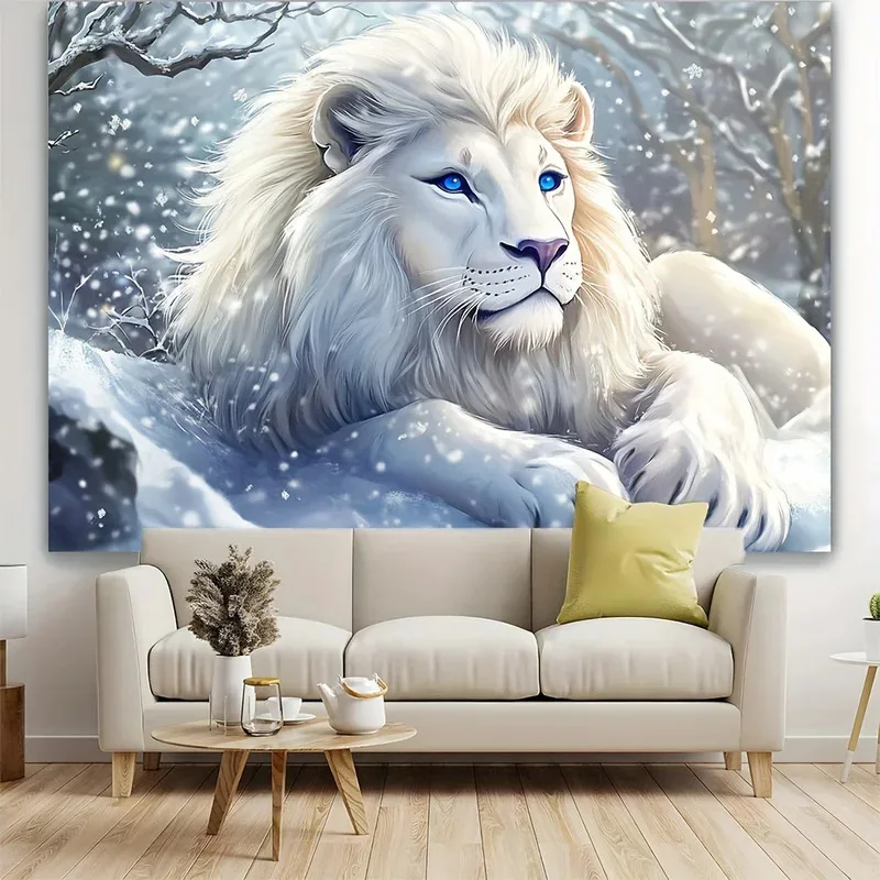 VIKAMA Wandteppich mit weißem Löwen, blaue Augen, Winterschneeszene, moderne Kunst, Wandbehang, Wohnzimmer, Schlafzimmer, ästhetisches Dekortuch