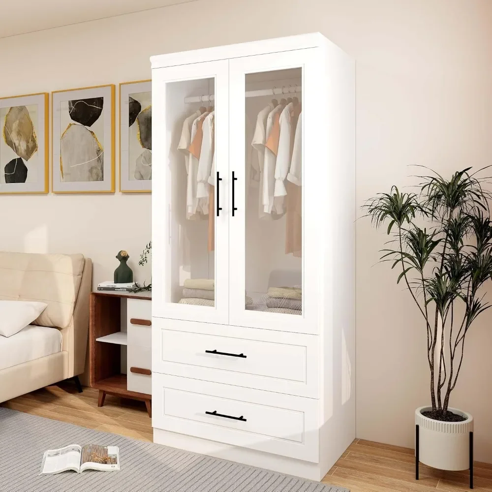 

Armoire Wardrobe Closet with 2 Glass Closet Doors, 71" High Bedroom Wardrobe Closet with 2 Drawers Cabinet Storage