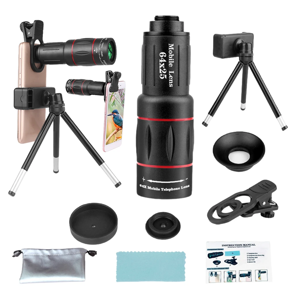 18X 36X 64X Phone Camera Lens Clip-On Zoom Smartphone Monocular Telescope Mobile Phone Camera Telephoto Lens for IPhone Android