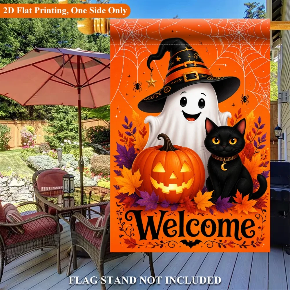 2PC 2D Flat Printing Garden Flag Halloween Pumpkin and Black Cat Single Sided Polyester Garden Flag Yard Outside Decorative Flag