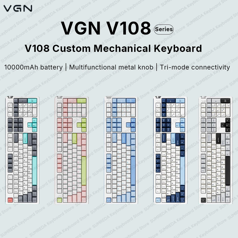 

Беспроводная игровая механическая клавиатура VGN V108 Bluetooth 2.4G с проводным подключением, 1K, задержка 1 мс, RGB, с возможностью горячей замены переключателей, для киберспорта, офиса, ПК, подарок