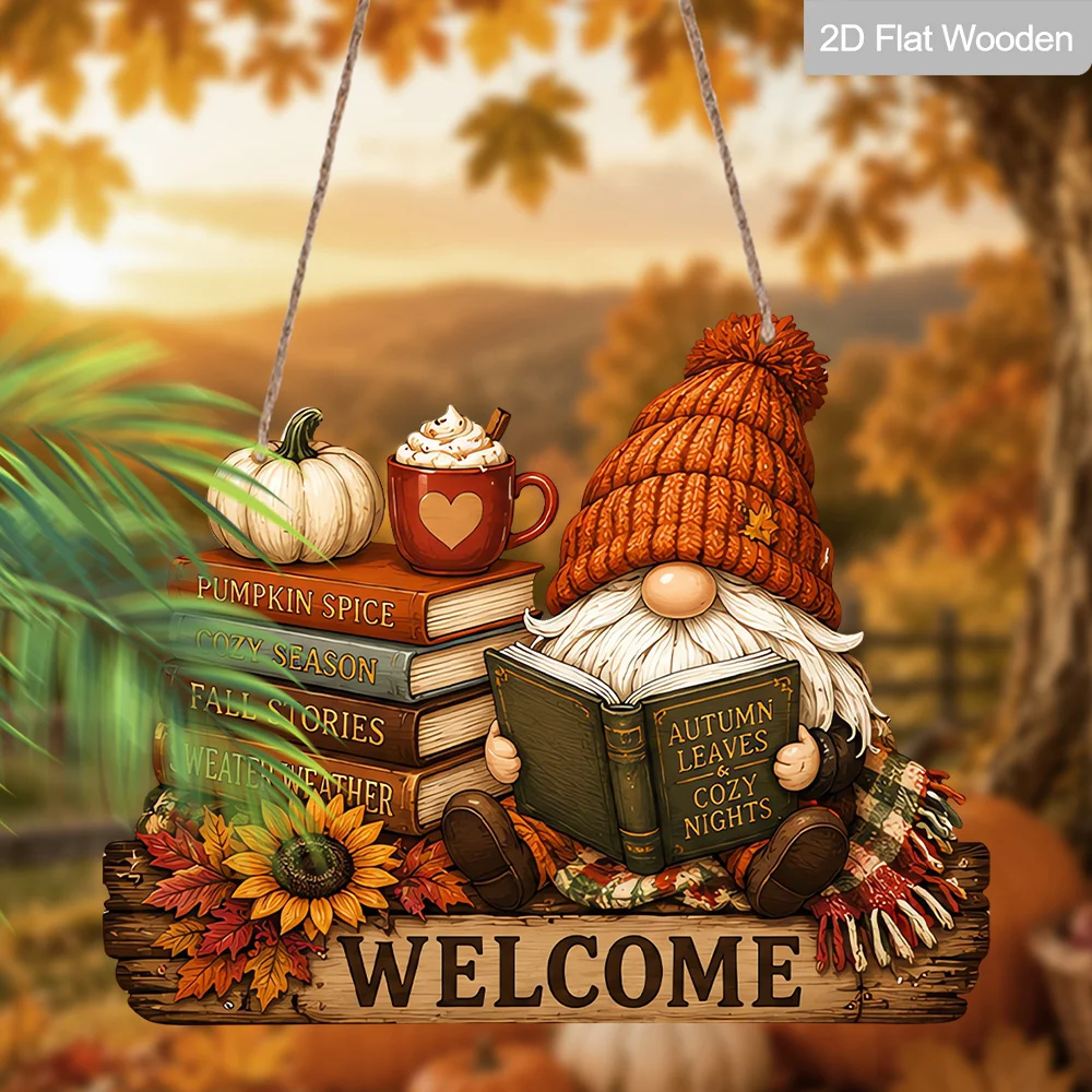 2D Flache Herbst-Zwerg-Willkommens-Holztafel Kürbis Buch Kaffee Herbst Bauernhaus Thanksgiving Haustür Wanddekoration – Detail 4