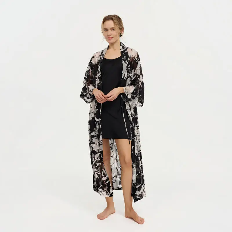 Women Luxe Robe Kimono Gown Print Floral Bathrobe Sleepwear Loose Home Wear Dressing Gown Lace-Up Home Clothes Comfy Nightwear
