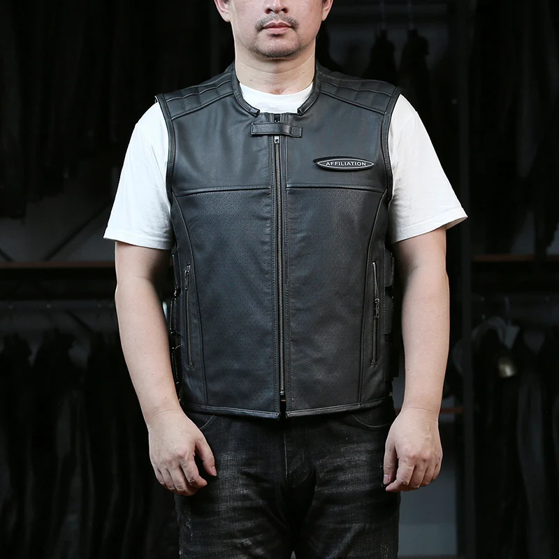 Black Autumn Leather Vest Men Motorcycle Style Plus Size 3XL Natural Cowhide Slim Fit Can Add Protective Gear Vest