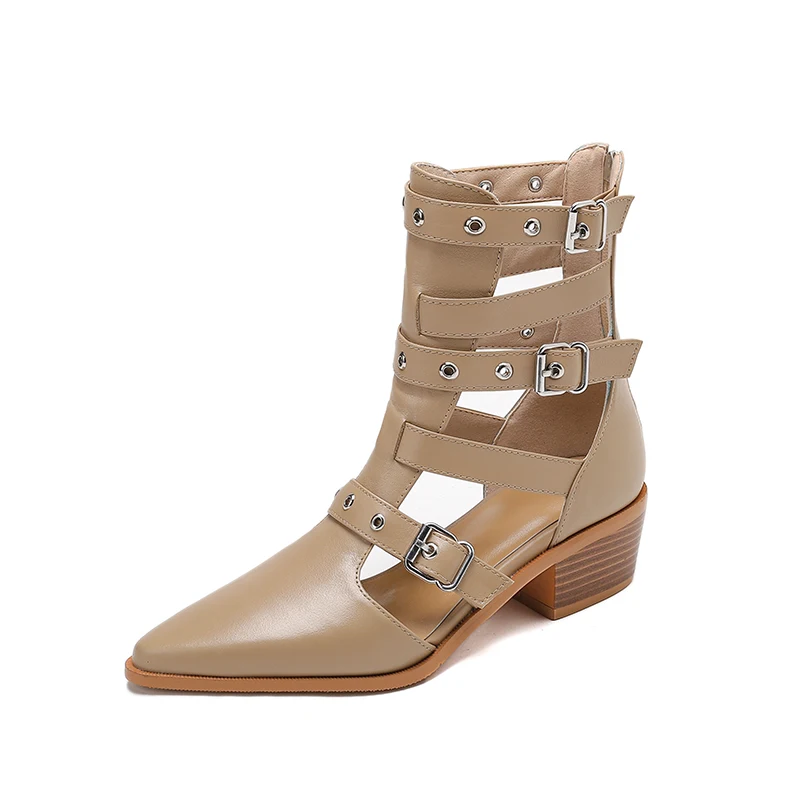 Women's new pointed spring leather cowhide retro rivet belt buckle mid heel plus size and calf hollow breathable short boots