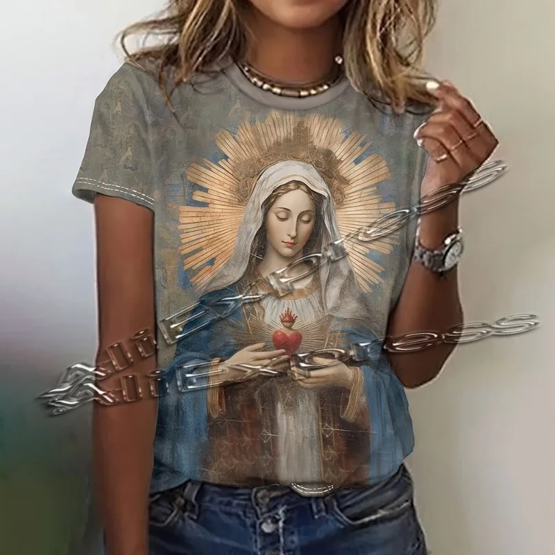 

Jesus Christ Pattern T-Shirt For Men Holy Mother And Son 3D Print Tees Summer Loose T Shirts O-Neck Tops Streetwear motorcycles