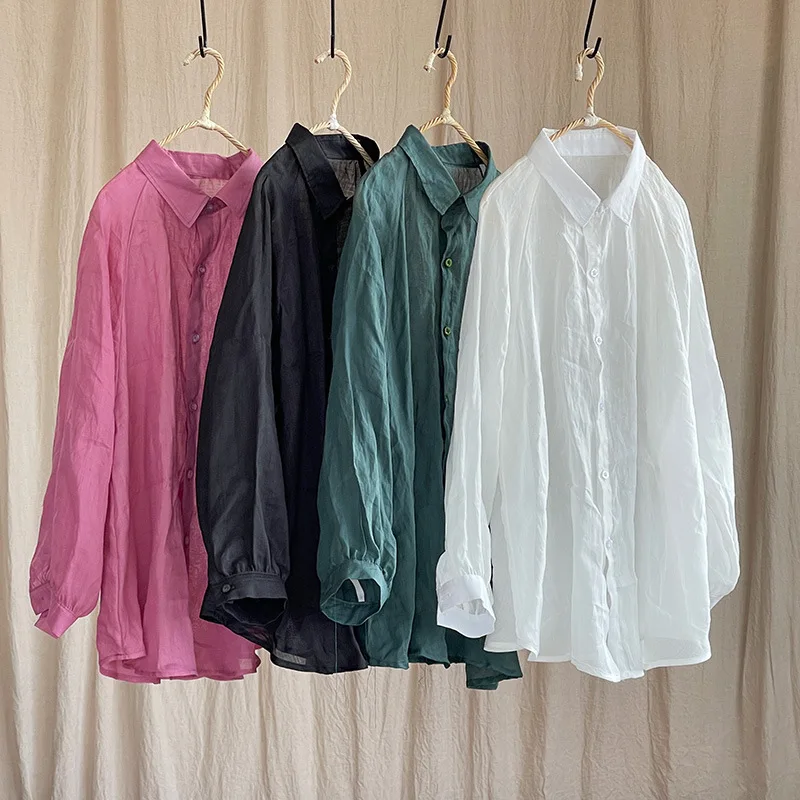 ผู้หญิง Causal Breathable Ramie เสื้อและเสื้อ Turn-Down COLLAR แฟชั่นสีแขนยาวฤดูใบไม้ผลิเสื้อใหม่ปุ่มเสื้อหลวม