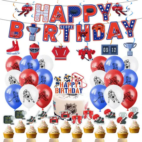 Hockey Themed Birthday Party Decorations Balloons Set Happy Birthday Banner Cake Topper Sports Theme ice hockey Party Supplies