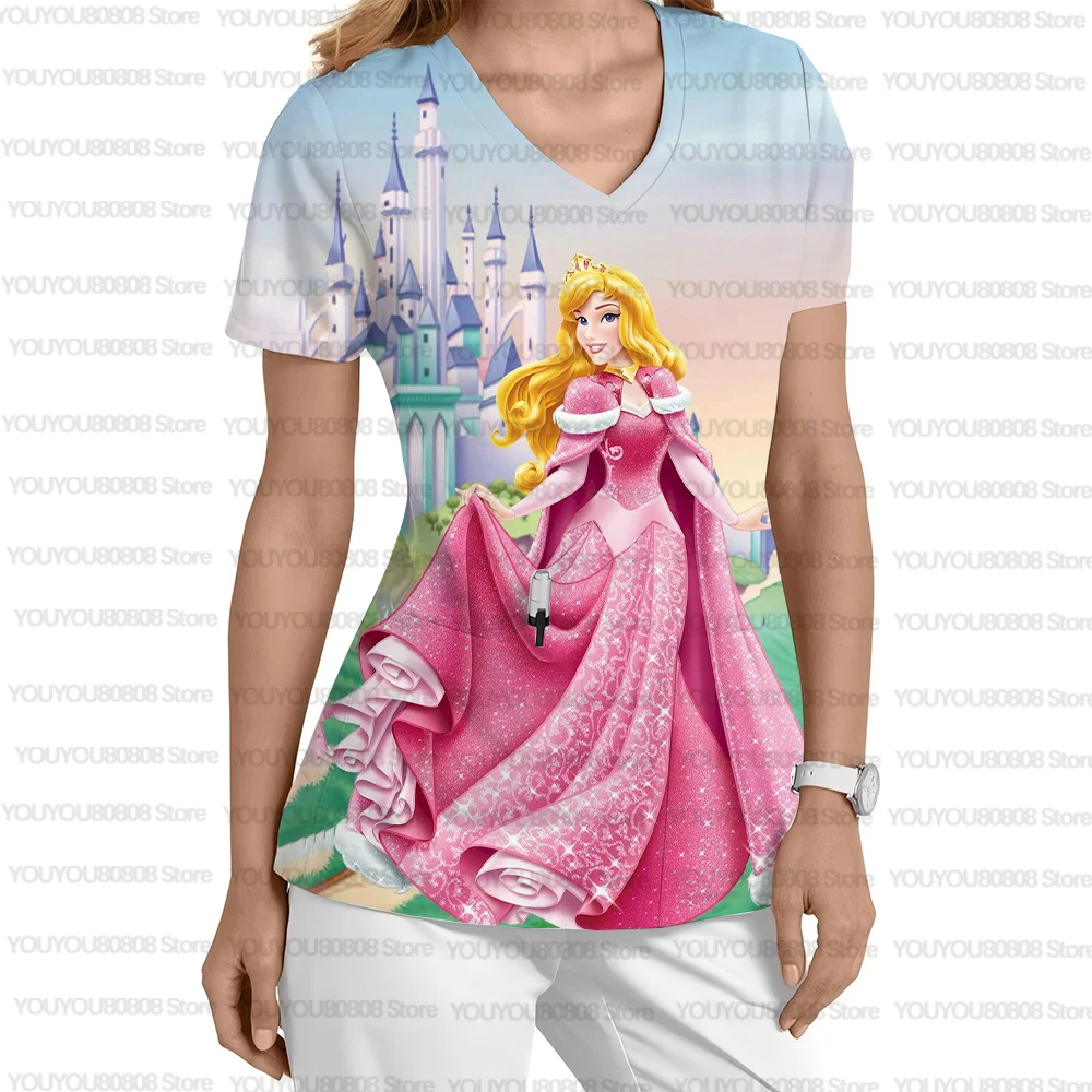 

2025 New Summer Princess Aurora Sleeping Beauty Print Scrub Nurse Uniform Women's Disney Princess Top Doctor Dental Work Uniform