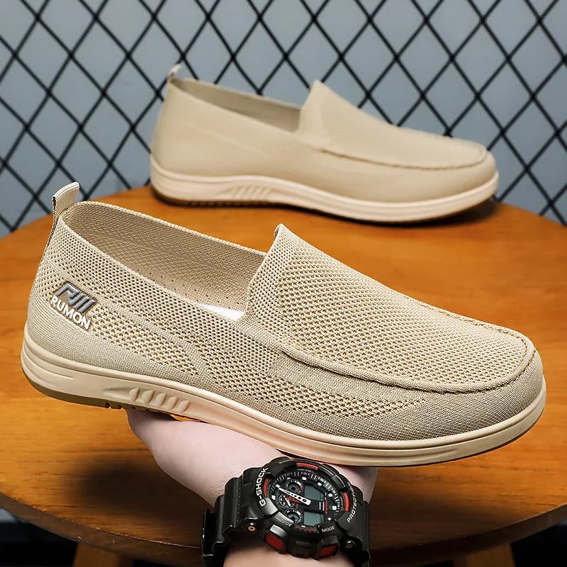 Men's Flat Shoes Knitted Mesh Hollow Breathable Summer Running Sneakers Round Toe Soft Sole Business Commuting Male Shoes