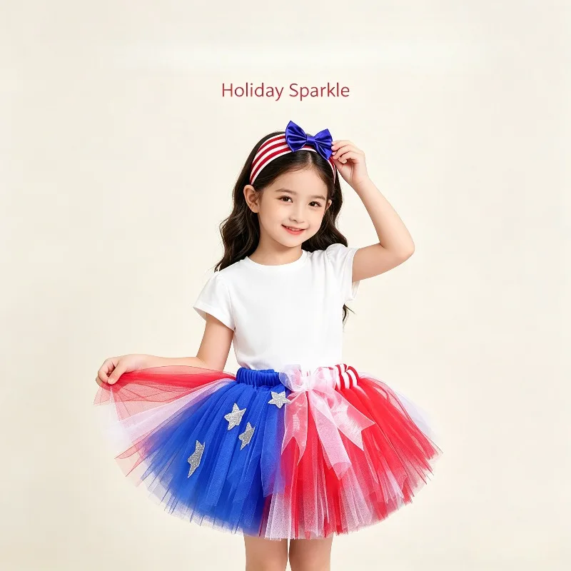 Independence Day Bunny Blue&Red Tutu Skirt Bow Mesh Half Skirt with Hair Accessory Holiday Carnival Fluffy Tulle Party Outfit