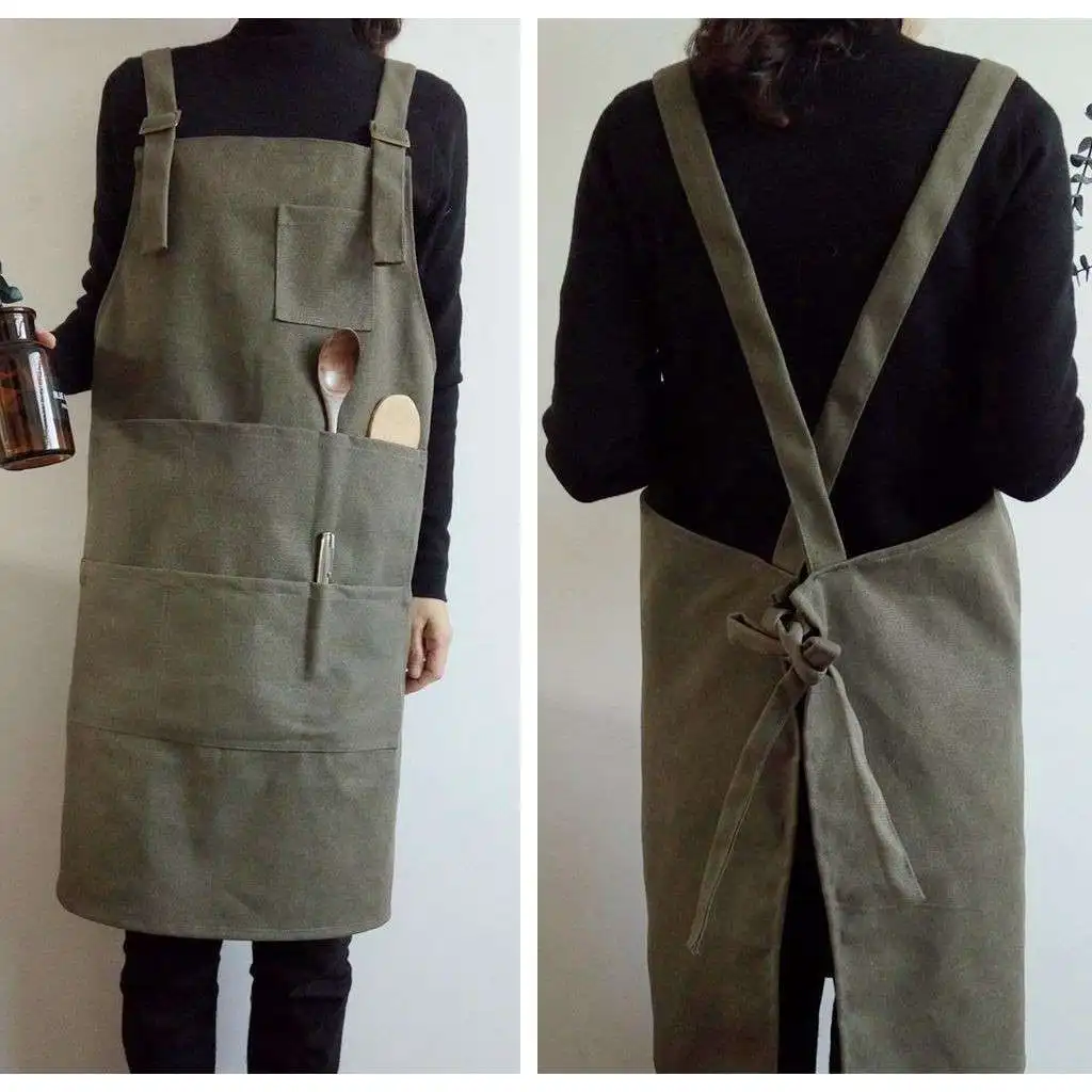 レトロなウォッシュドキャンバスエプロン、クロスストラップ付き、絵画用厚手作業着、ノーブランド登録商標0268