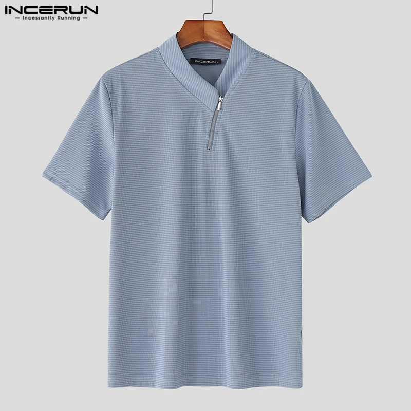 

Solid Color Tops Tee Summer Short Sleeve Men T-Shirts INCERUN Fashion Zipper Men's Clothing T Shirt Oversize Streetwear S-5XL