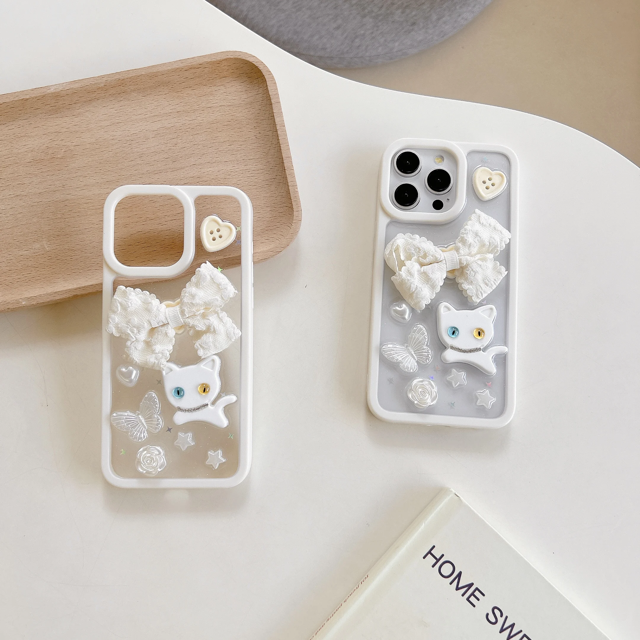 Shiny Bow Printed Fabric Phone Case Cartoon Cat Pearl Shiny Bow Lange iPhone 11 12 13 14 15 Pro Max