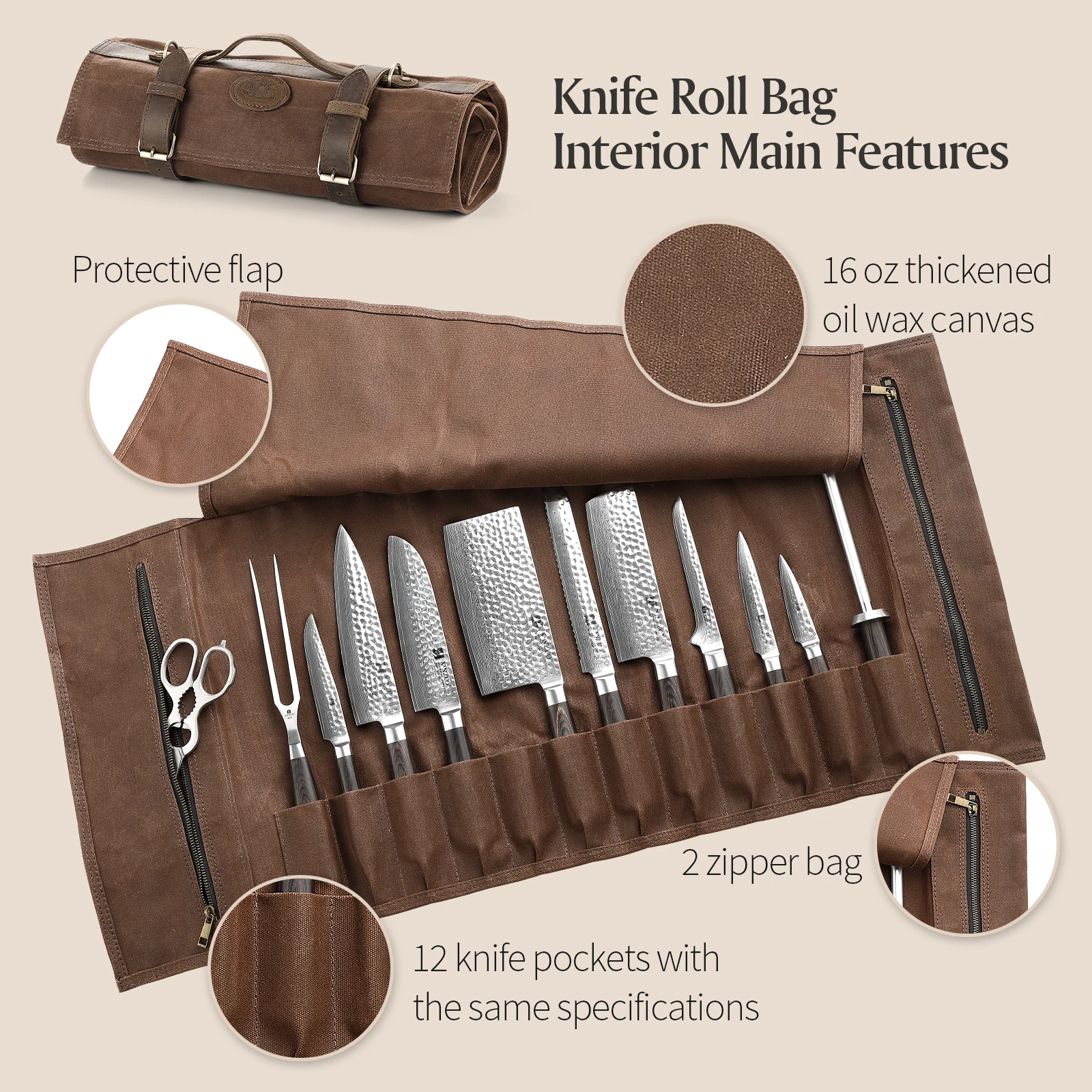 XINZUO Knife Storage Roll Bag Thickened Canvas Full Grain Oiled Leather Portable Rollable Tote Bag Waterproof and Wear-resistant