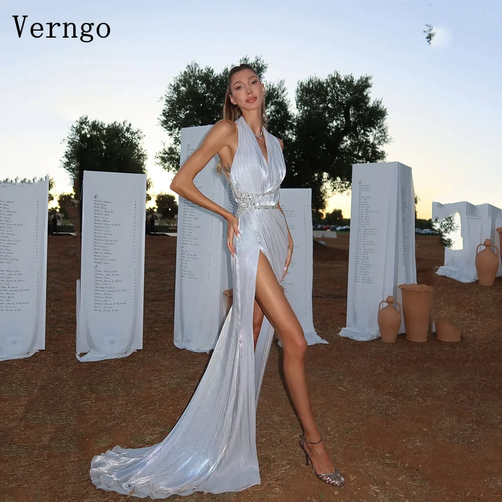 Verngo Luxury Gray Shiny Satin Evening Dress Halter Side Slit Sexy Party Dress Beadings Maxi Prom Party Gowns Customized