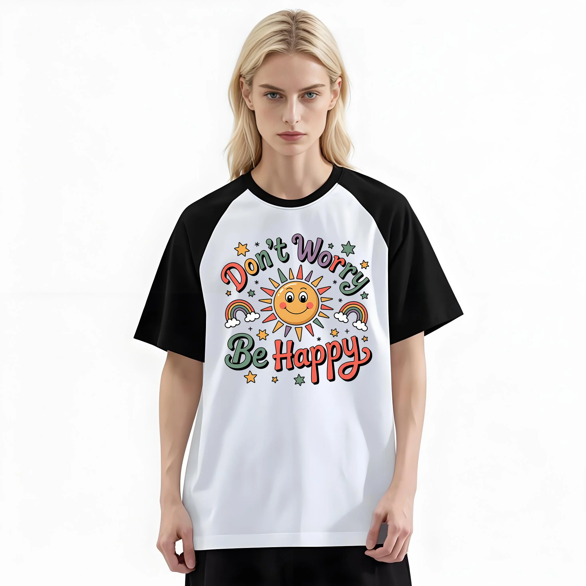 Women'S Fashion Raglan Sleeve T-Shirt, Don’t Worry Be Happy Retro Sunflower Printed, Summer Casual Comfortable Tee, Women'S Everyday Short-Sleeve Top