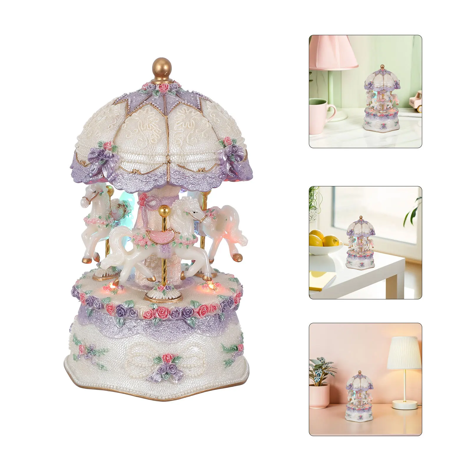 

3-Horse Rotating Carousel Music Box With Led Lights Vintage-Style Christmas Valentine Gift For Bedroom Tabletop Decor
