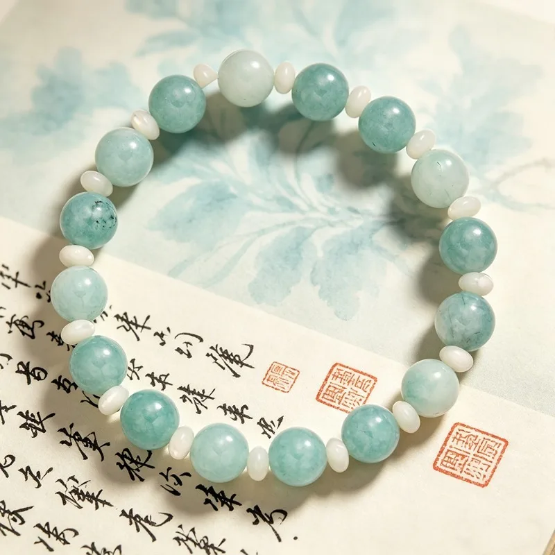 Natural Green Chalcedony 8mm Bead Bracelet Shell Spacer Single Strand Lucky Gifts