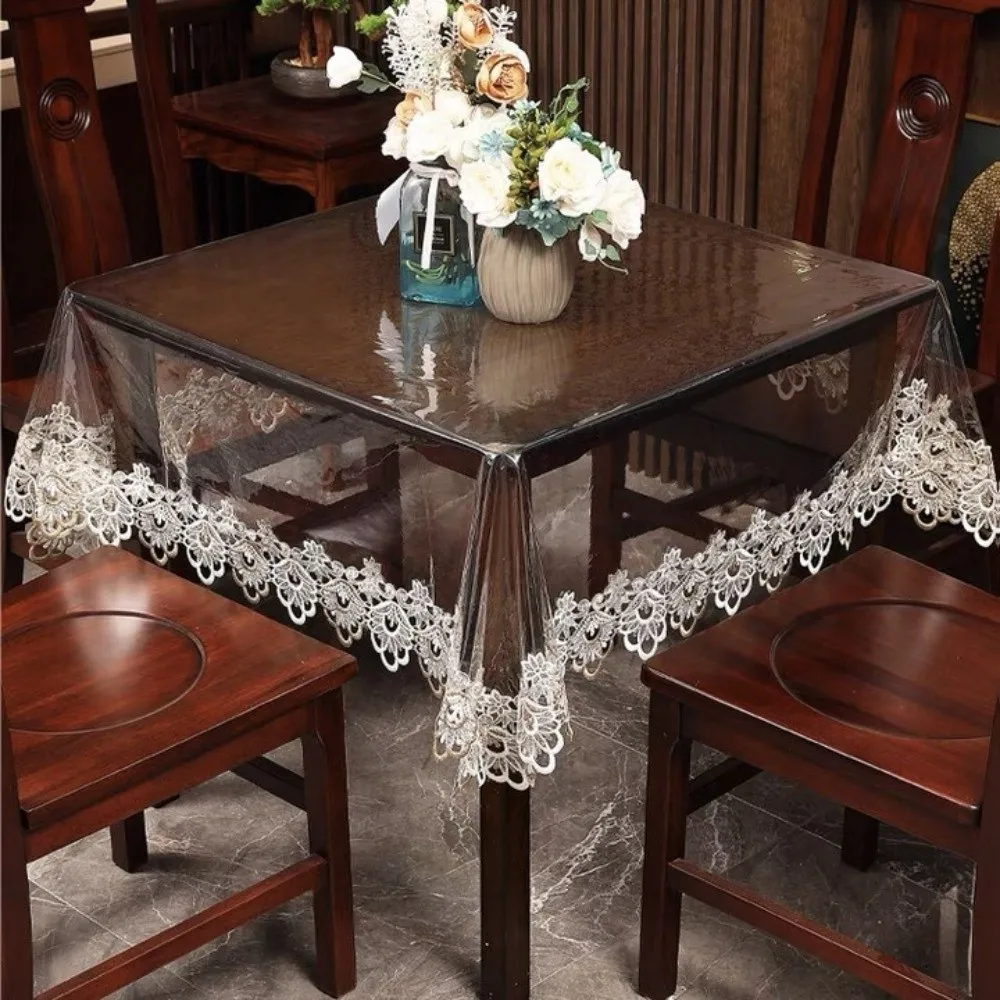 140x220cm/120x180cm Waterproof Table Cloth Transparent Lace Embroidered Oil-proof Table Cover Clear PVC Rectangle