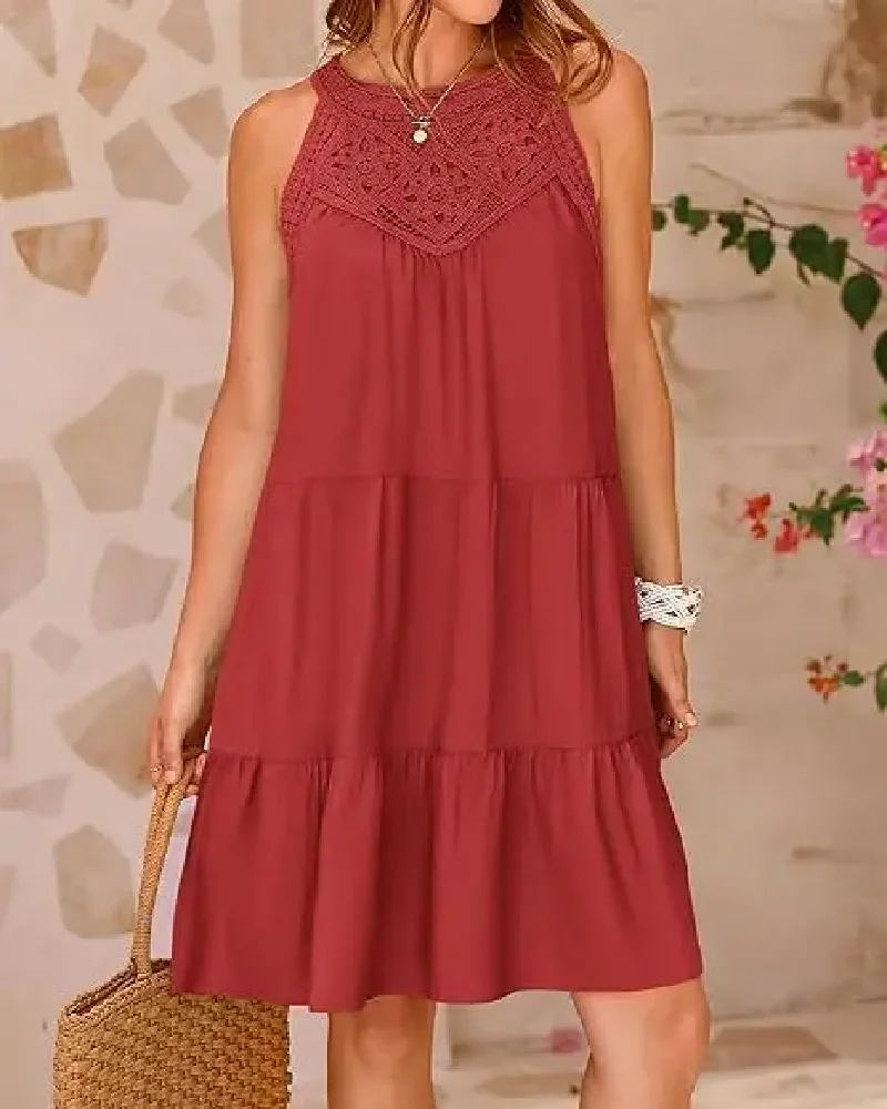 2025 verão oco para fora retalhos boêmio mini vestido feminino casual sem mangas a-line em camadas movimento colete vestido praia férias