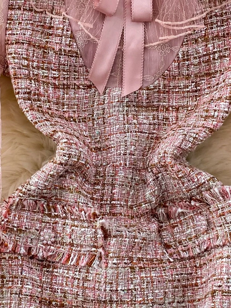 Elegancka francuska sukienka z tweedu z siateczkowymi wstawkami, damska sukienka vintage w kształcie litery A, mini, z falbankami przy kołnierzyku, kokardą i długim rękawem, nowa jesienna kolekcja.