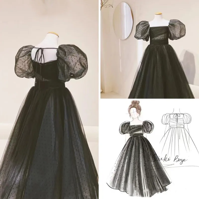 Girl Evening Dress for Kids Elegant Black Vintage Puff Sleeve Gowns Teenages Party Dresses Children Violin Performance Vestidos