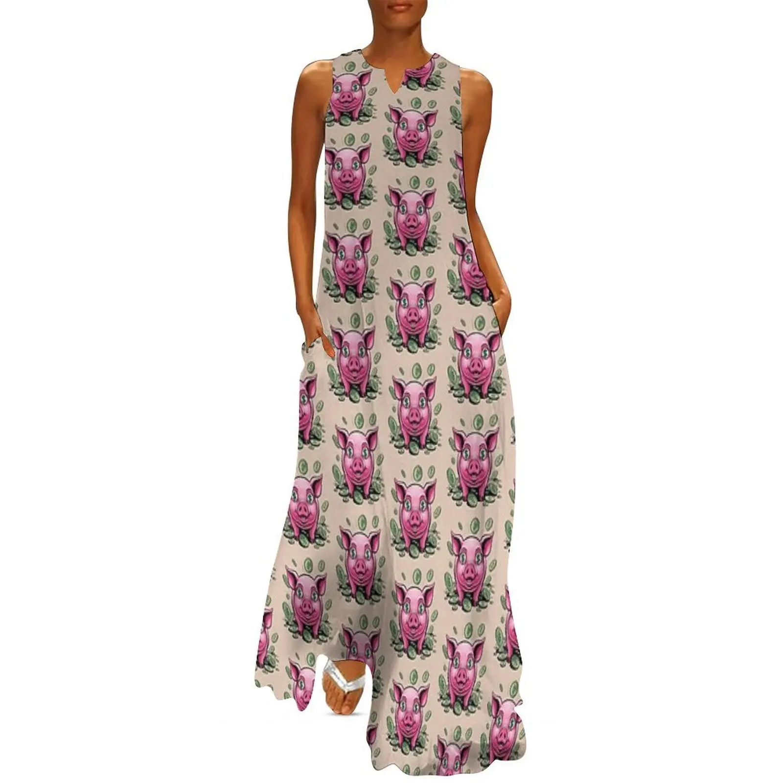 

animated pink pig with money signs Long Dress evening dress women Woman clothing luxury woman evening dress