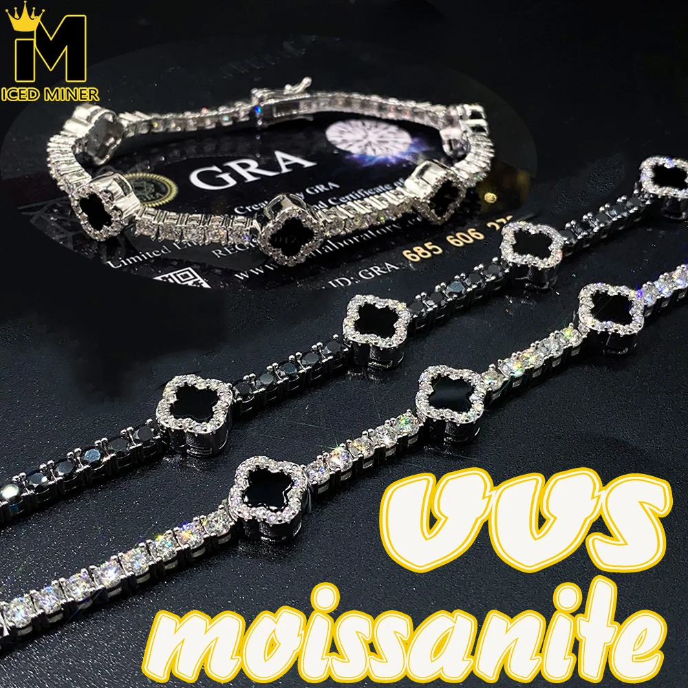 3mm Moissanite Black Agate Clover S925 silver Tennis Chain Bracelet Iced Out for Men Fashion Hip Hop Jewelry Pass Diamonds Teste