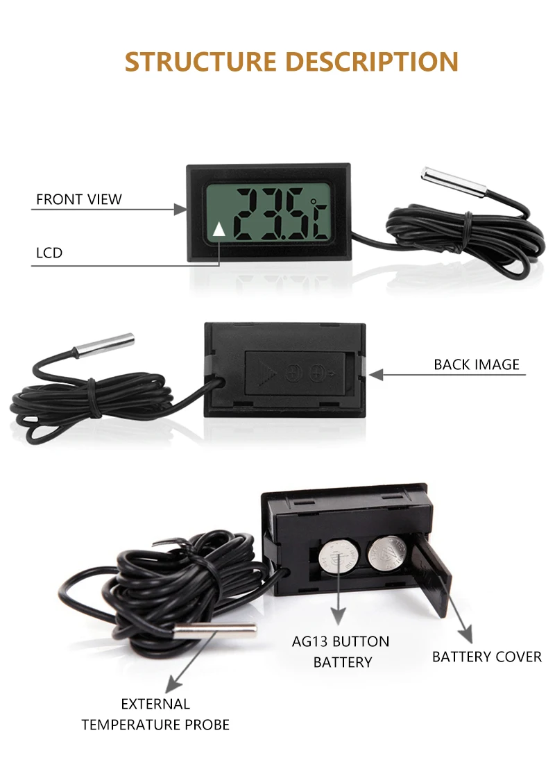 For Refrigerator Fridge Aquarium Mini LCD Digital Thermometer With Waterproof Probe Indoor Outdoor Convenient Temperature Sensor