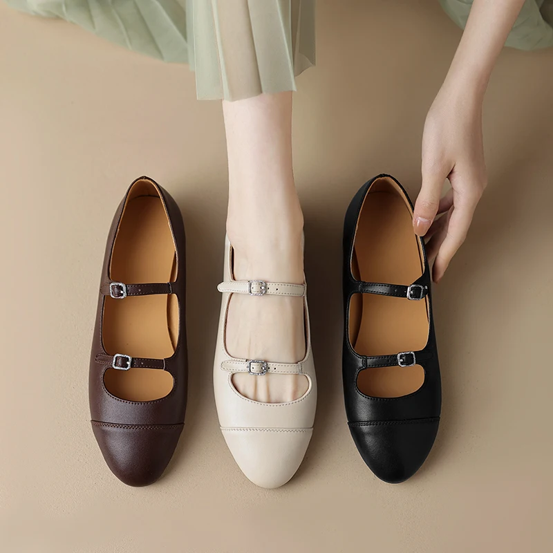 2024 New Spring Women Flats Shoes for Women Round Toe Chunky Heel women Shoes Retro Low Heel Mary Janes Genuine Leather