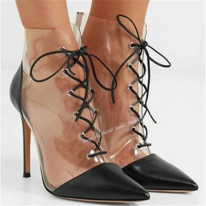 Clear PVC Lace Up Pointed Toe Pumps Thin High Heel Cool Fashionable Sexy Summer Casual Big Size Woman Shoes Zapatillas Mujer