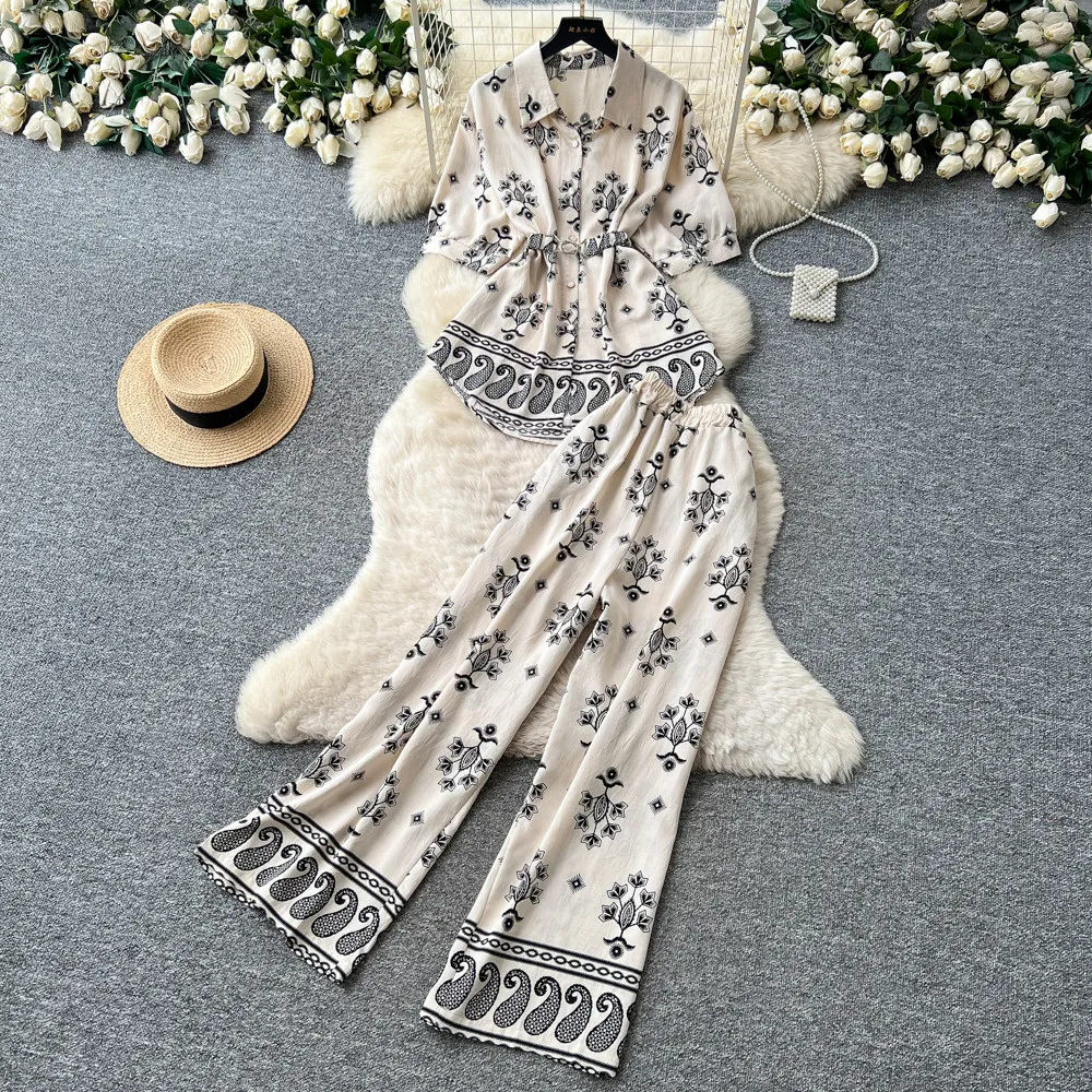 Summer Women's Printed Matching Set American Casual Fashion Flower Pattern Short Sleeve Shirt Wide Leg Pants 2 Pcs Sets