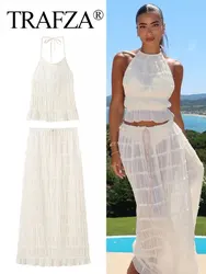 TRAFZA 2024 Summer Women's Pleated Set Backless Halter Neck Short Camis Top + Sexy Chic Lace Up Elegant Casual Woman Long Skirt