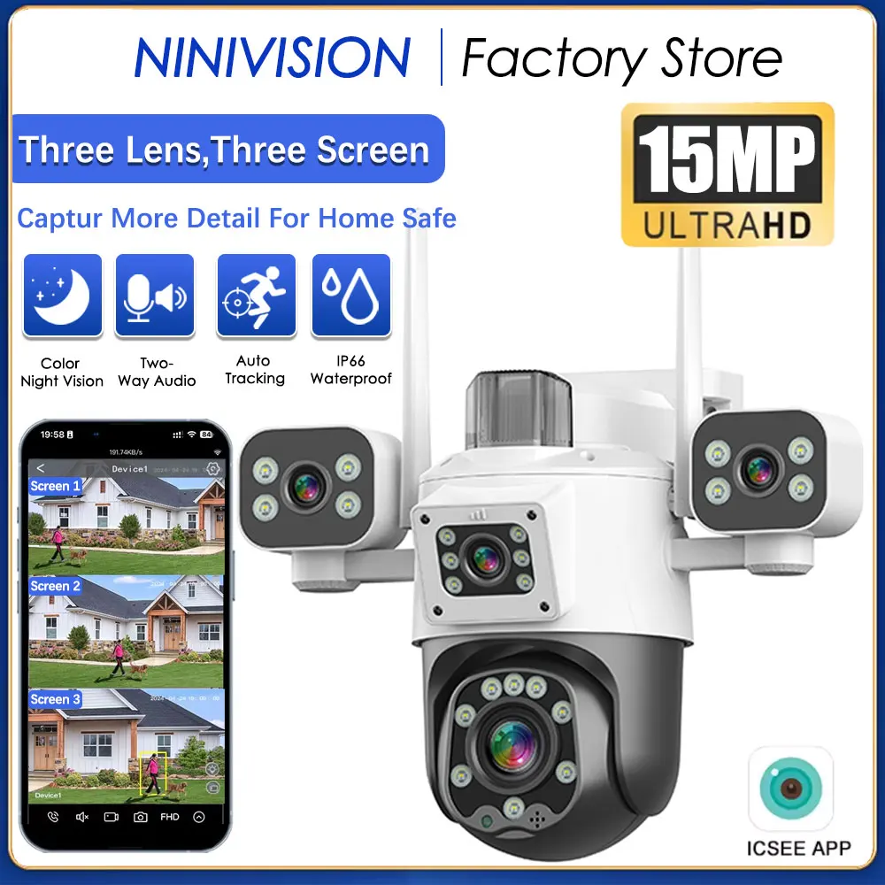 

15MP HD WIFI IP Auto Tracking IP66 Waterproof Camera Three Screen Three Lens CCTV Video Security Color Night Vision Cam iCsee