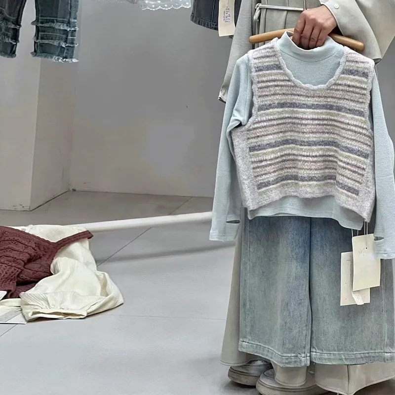 

2025 New Children's Clothing Sweater Autumn Outfit Color Blocked Striped Knitted Vest Gradient Color Children's Jeans