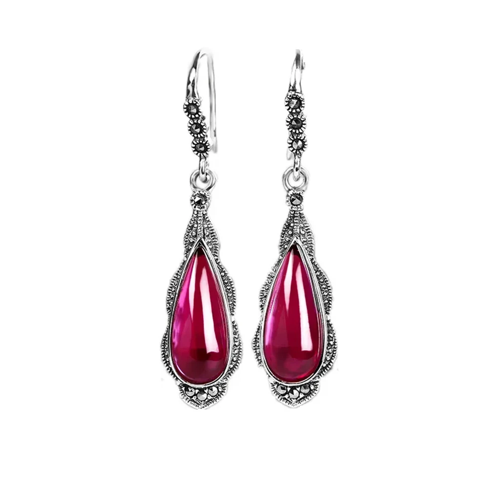 GQTORCH Real 925 Sterling Silver Jewelry Water Drop Shaped Red Ruby Earrings For Women Hooks Earrings Christmas